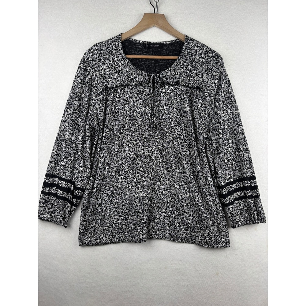 Lucky Brand Peasant Blouse Womens L Tie Neck Boho